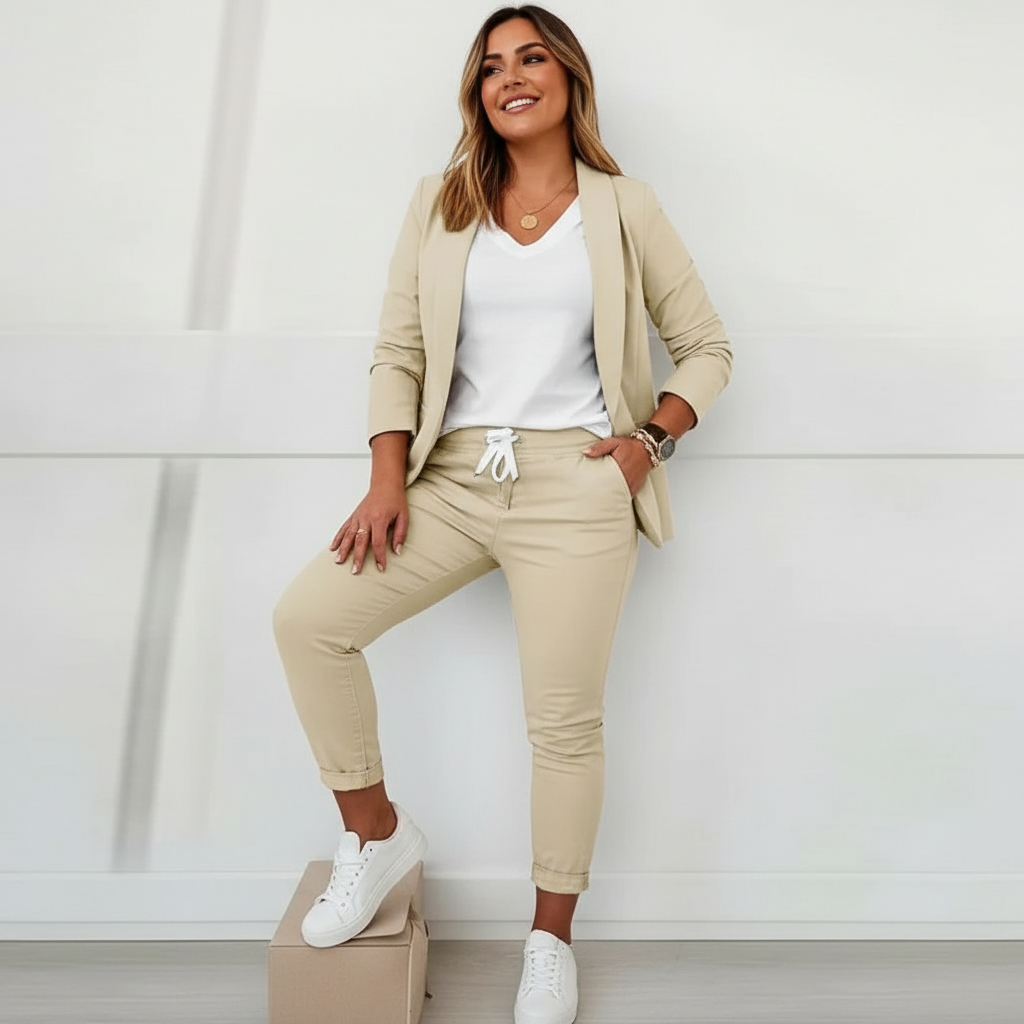 Blazerset beige vooraanzicht Emily