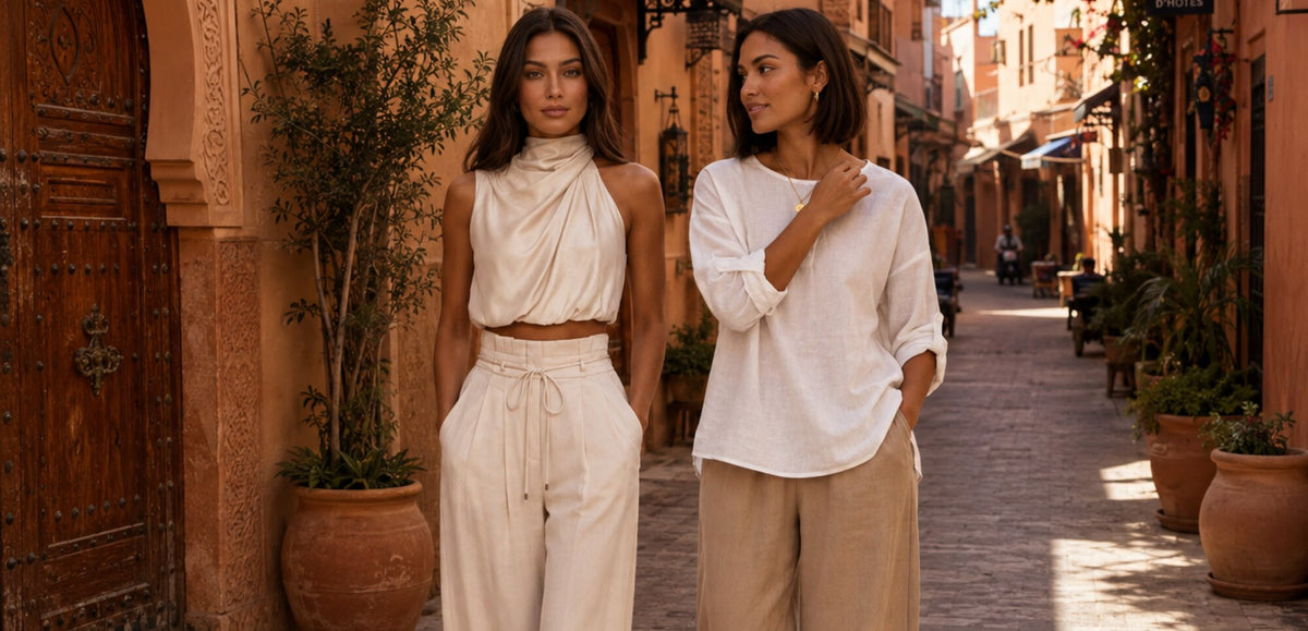 Twee dames in satijnen tweedelige halter set en luchtige linnen damesbroek uit zomercollectie.