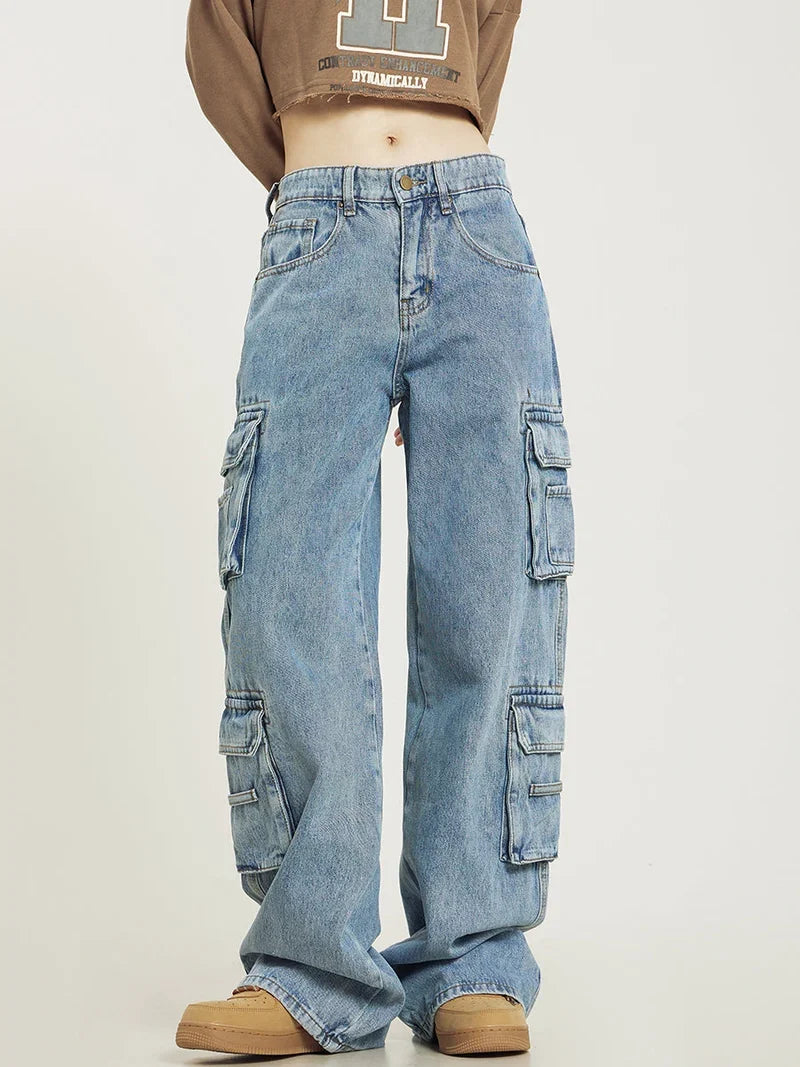 Cargo jeans lichtblauw vooraanzicht detail Juul