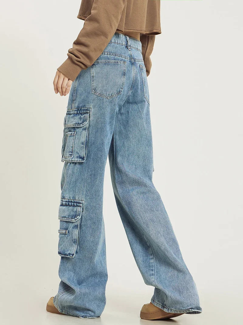 Cargo jeans lichtblauw zijaanzicht detail Juul