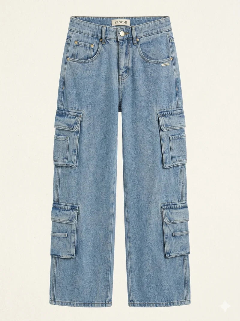 Cargo jeans lichtblauw detail Juul