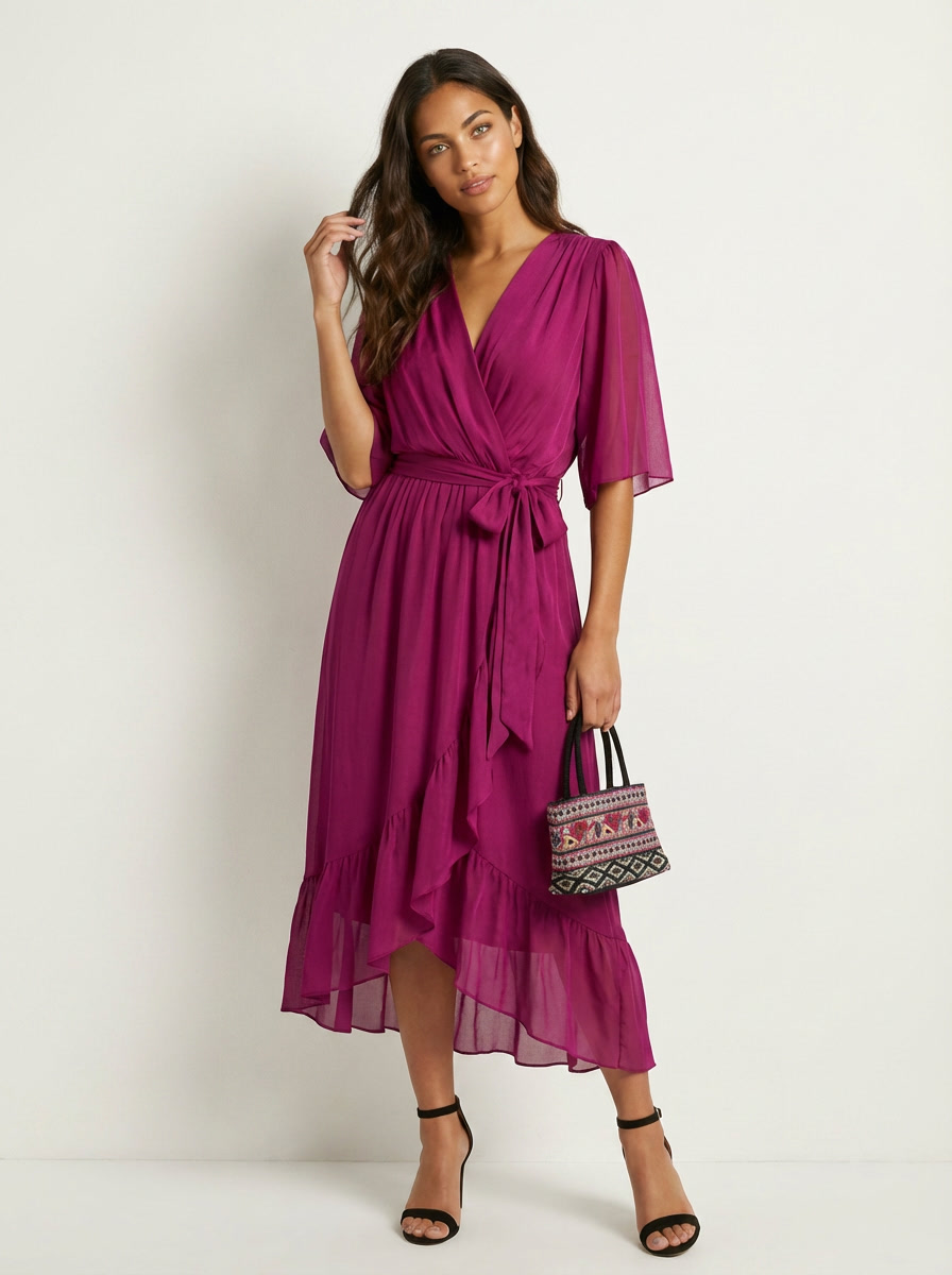 Flowy midi wikkeljurk met ceintuur - Evita