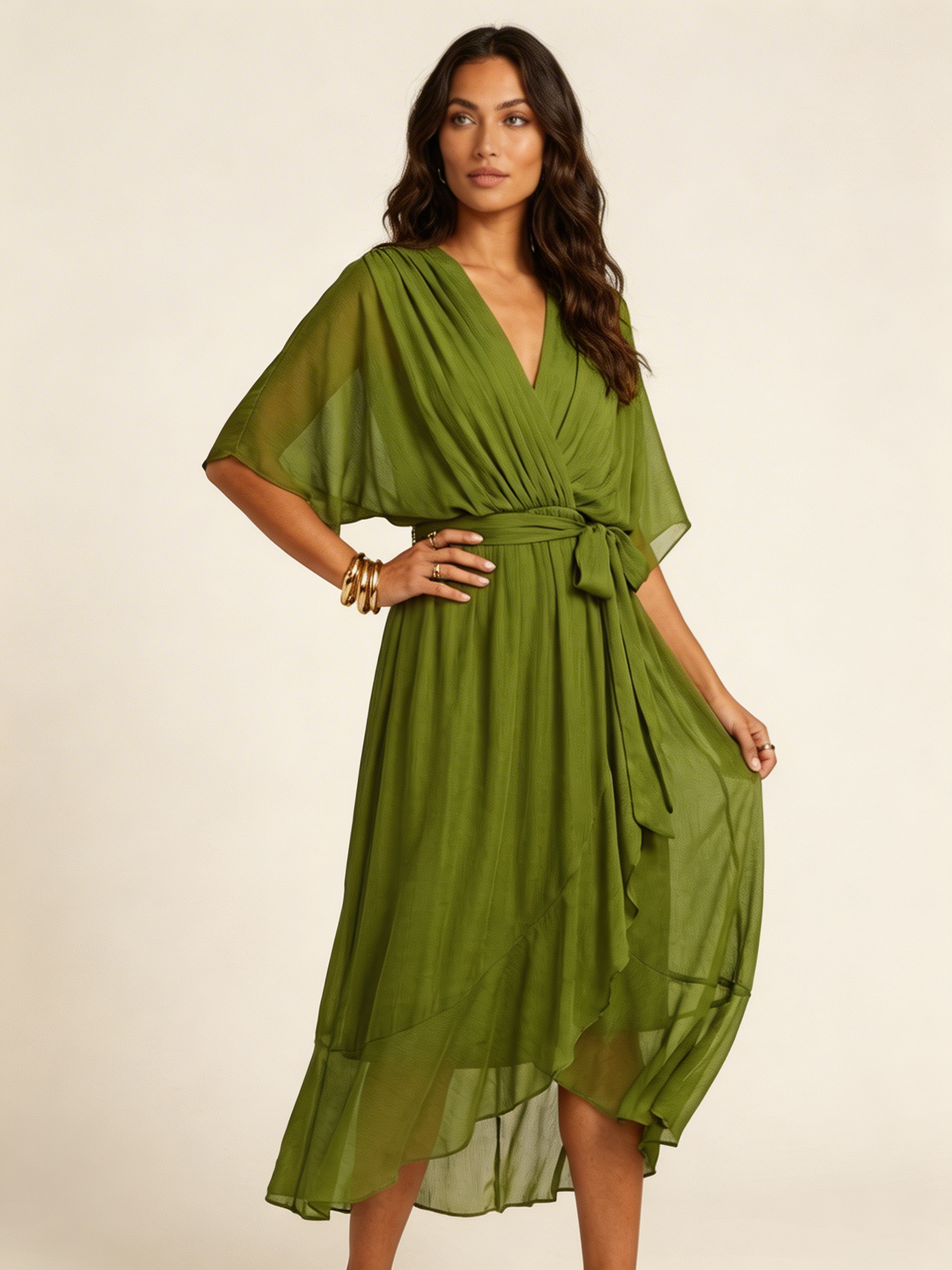 Flowy midi wikkeljurk met ceintuur - Evita