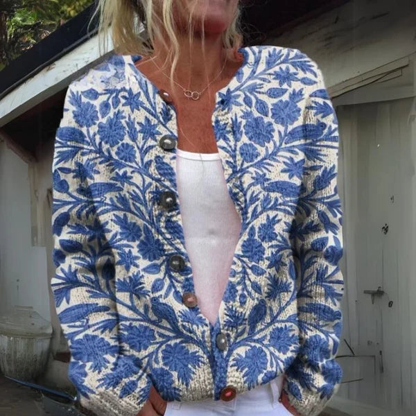 Gebreid vest blauw vooraanzicht detail Lena