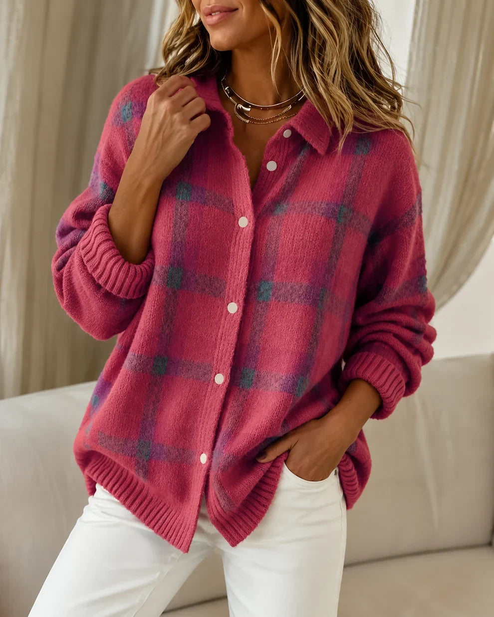 Gebreid vest roze vooraanzicht detail Nina