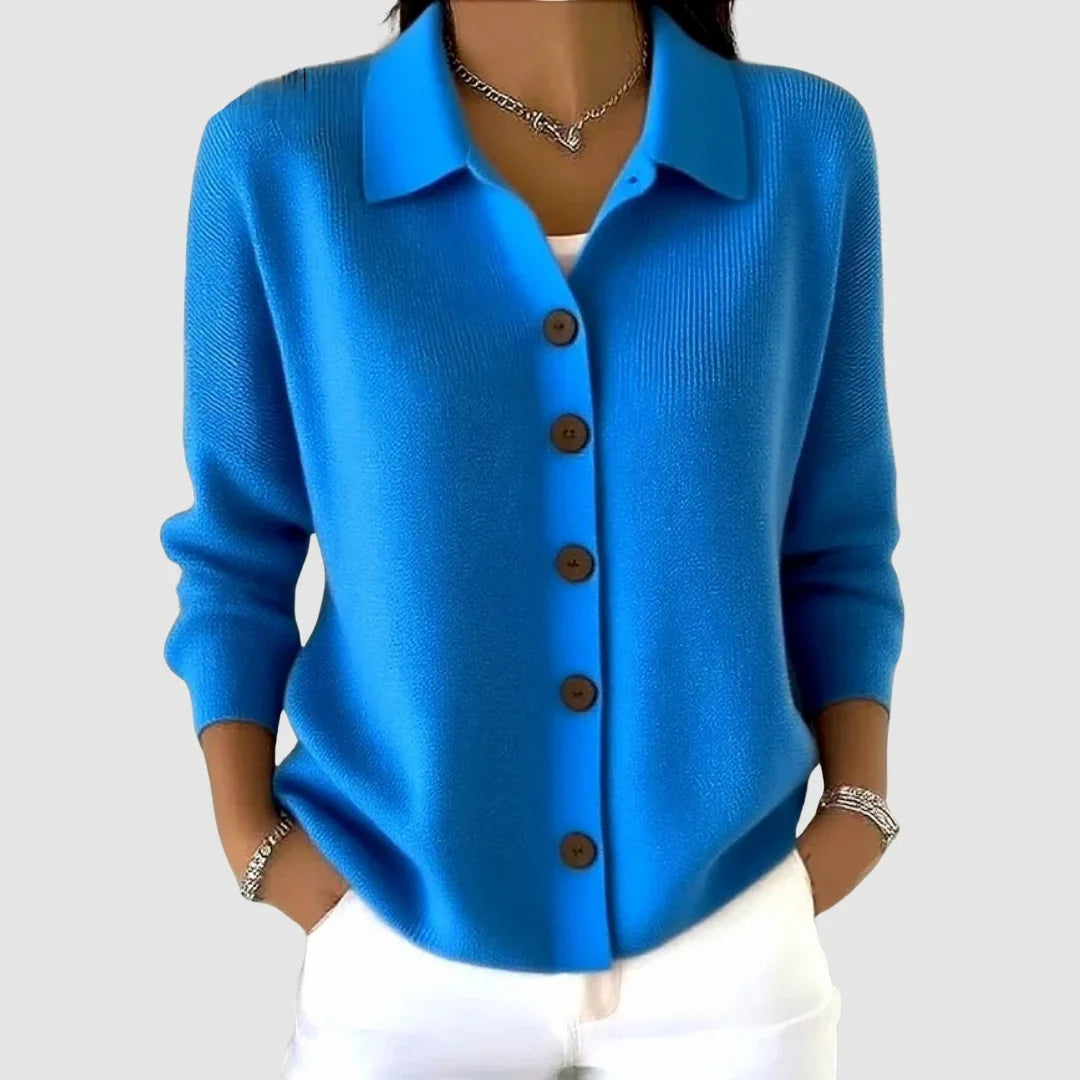 Gebreid vest blauw vooraanzicht detail Vera