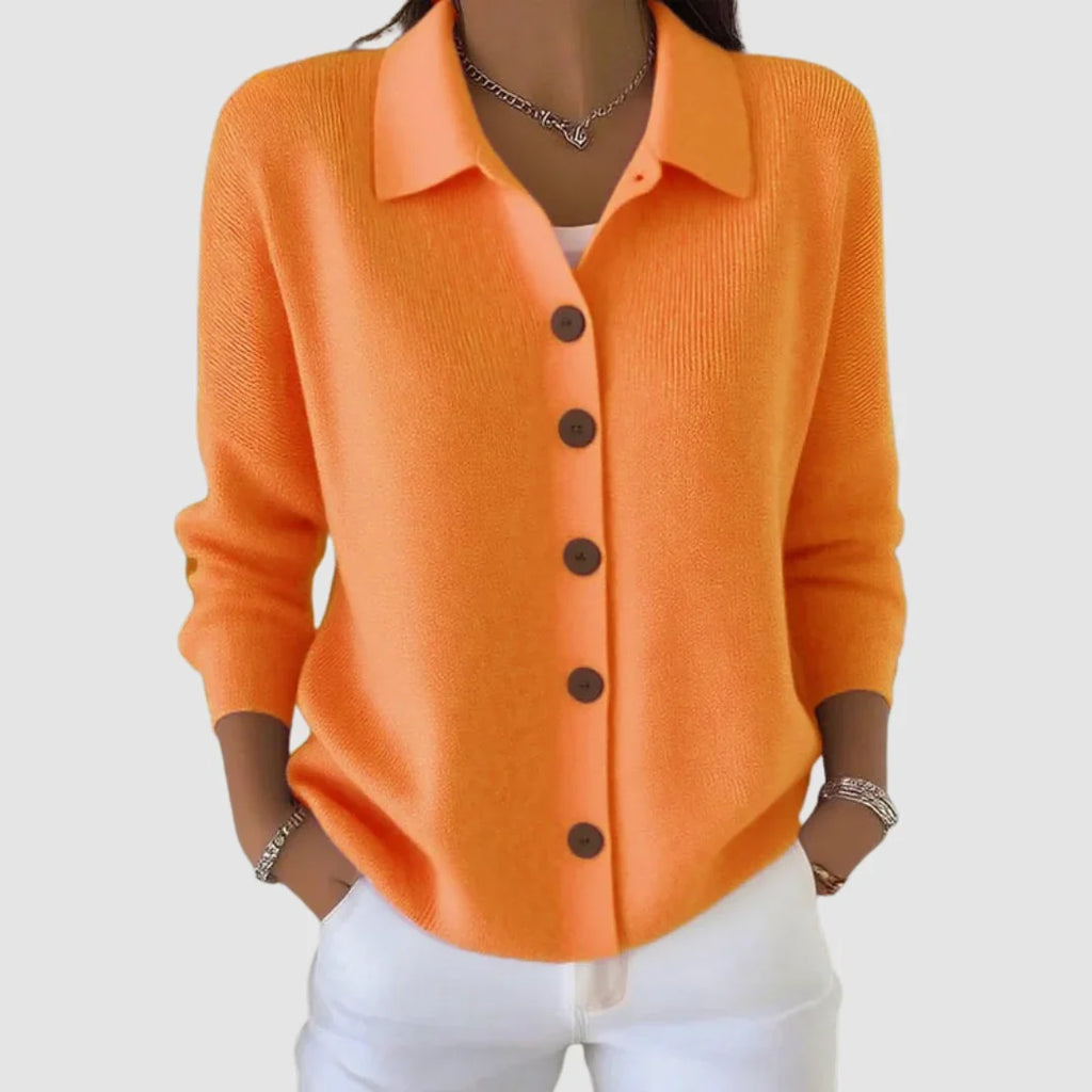 Gebreid vest oranje vooraanzicht detail Vera