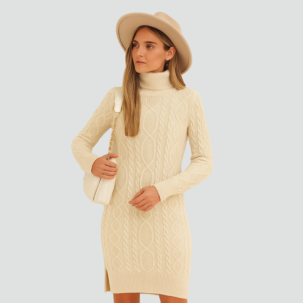 Kabelgebreide sweaterjurk beige vooraanzicht Ingrid