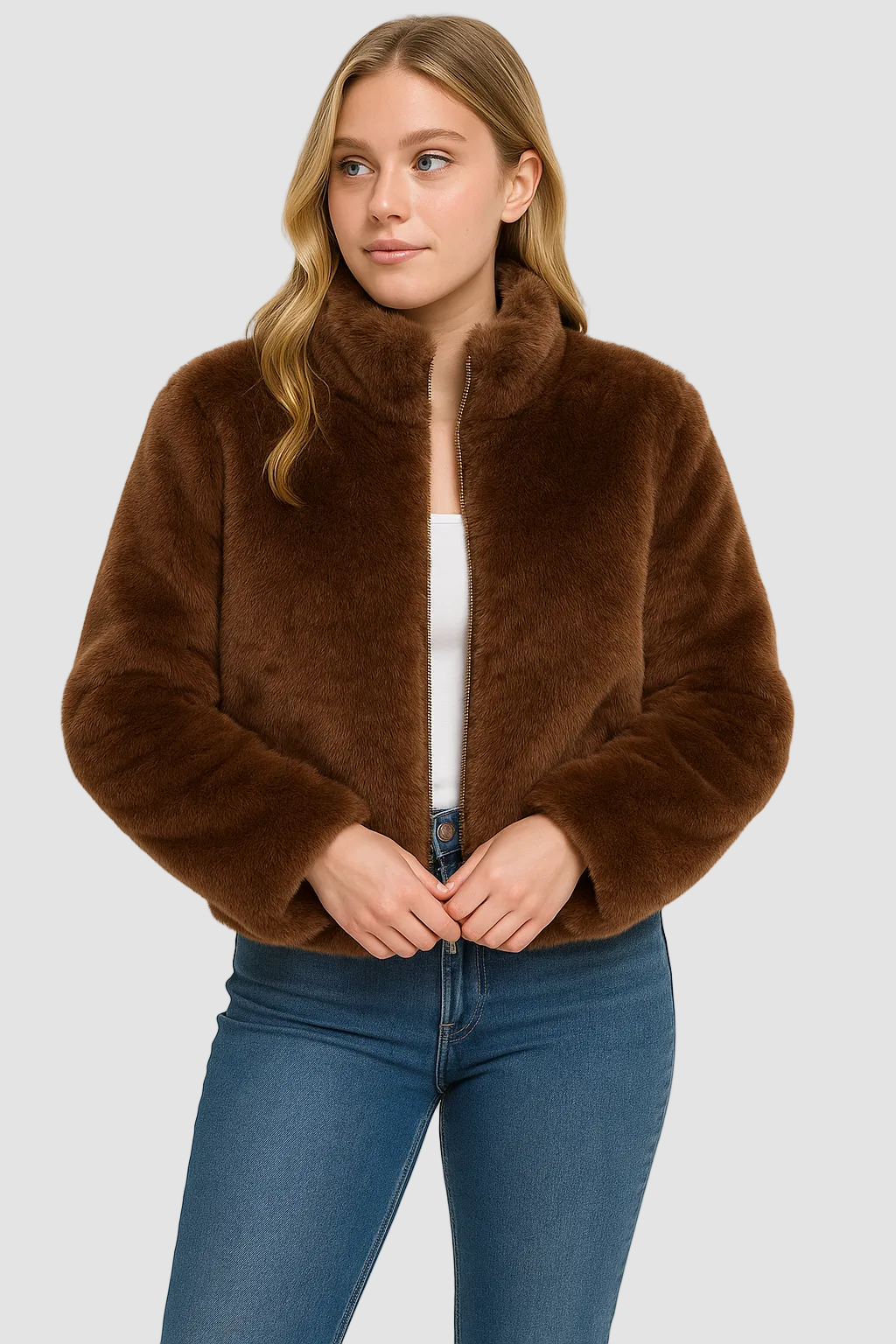 Korte winterjas bruin vooraanzicht Belle