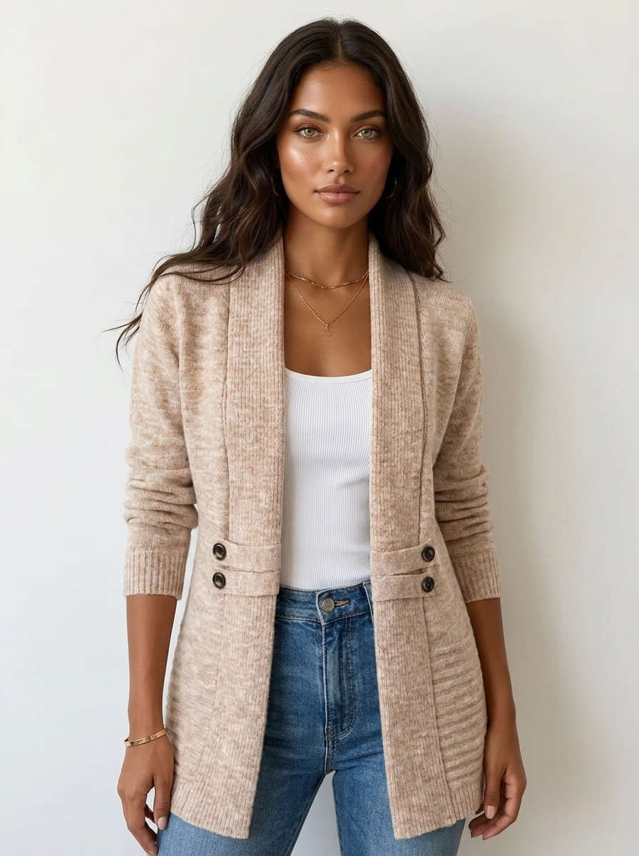 Lang vest beige vooraanzicht Pauline