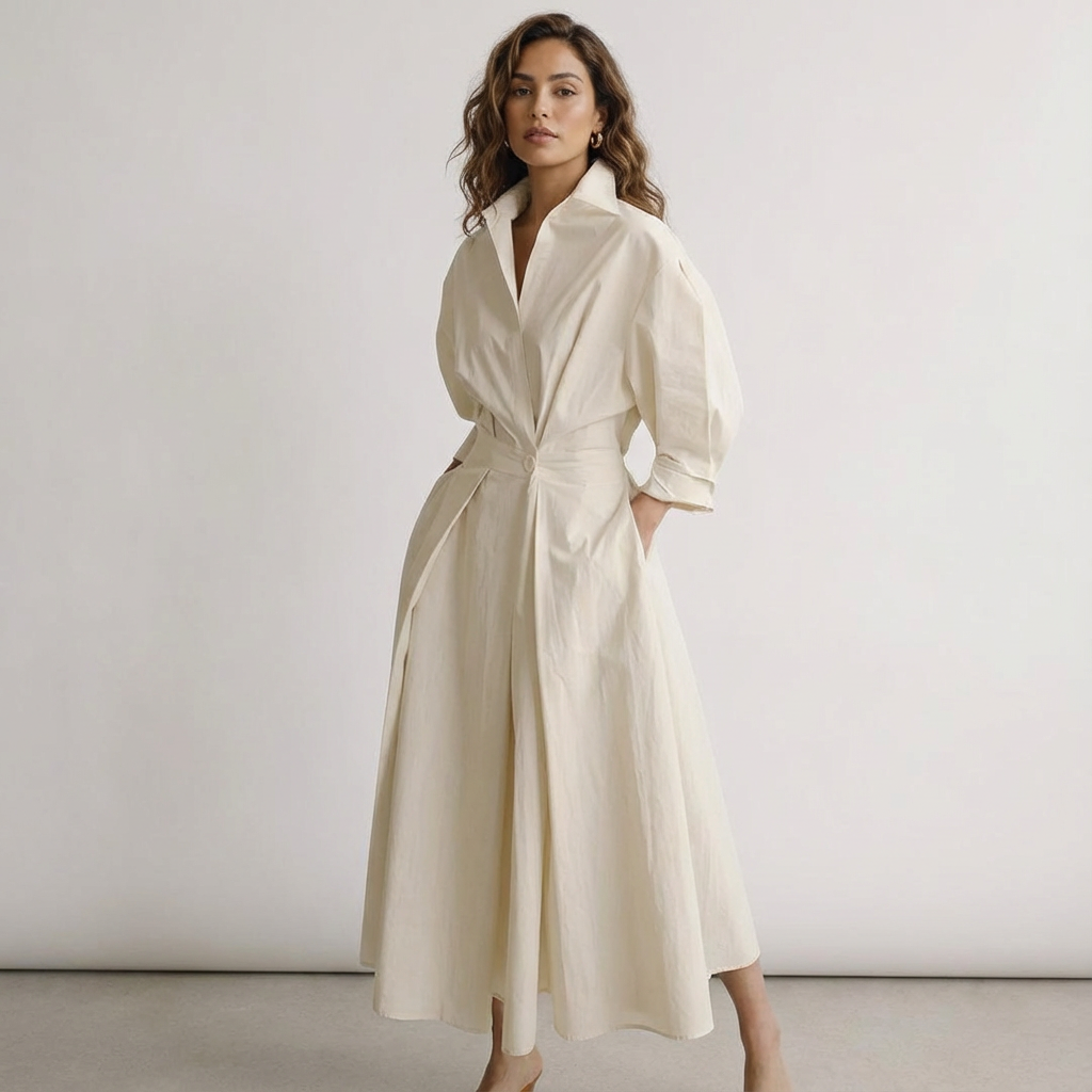 Lange blousejurk beige vooraanzicht Margot