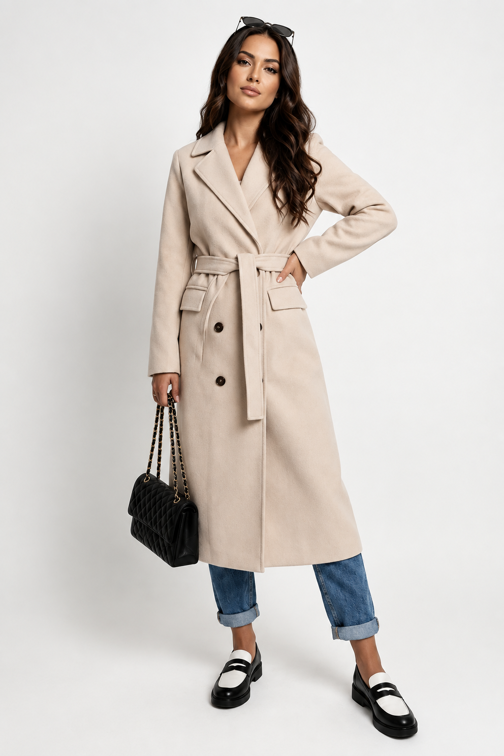 Lange jas beige vooraanzicht Ilse