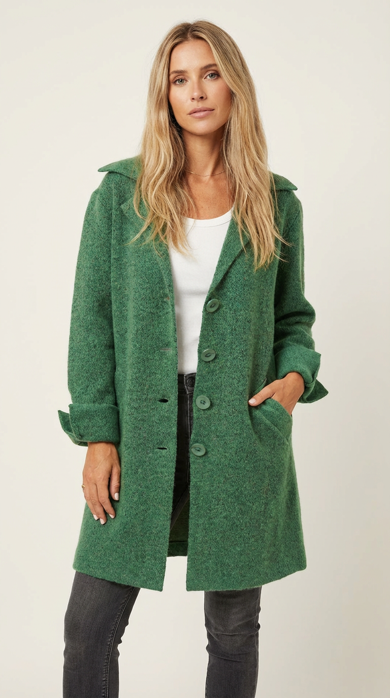 Lange mantel groen vooraanzicht Nadia