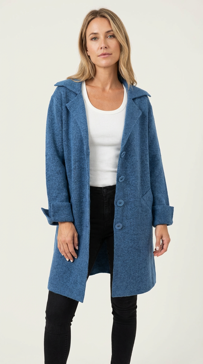 Lange mantel blauw vooraanzicht Nadia