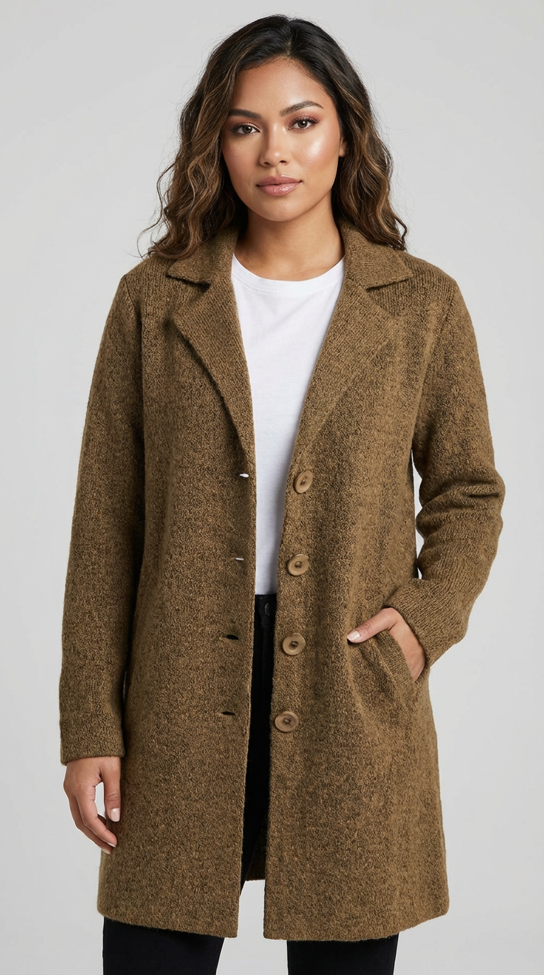 Lange mantel bruin vooraanzicht Nadia