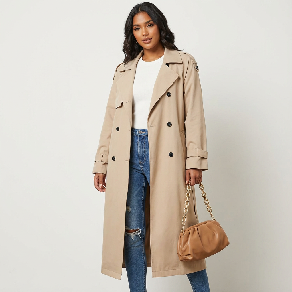 Lange trenchcoat beige vooraanzicht Sienna