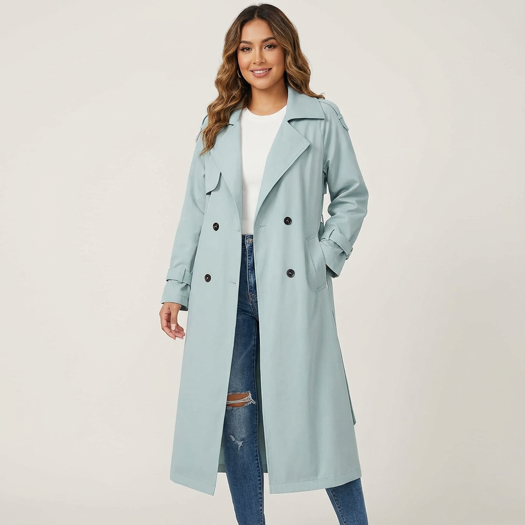 Lange trenchcoat blauw vooraanzicht Sienna
