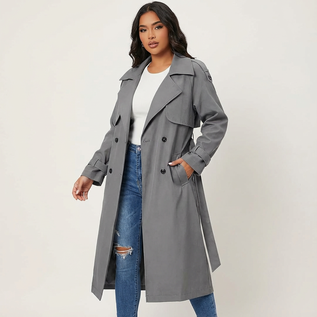 Lange trenchcoat grijs vooraanzicht Sienna