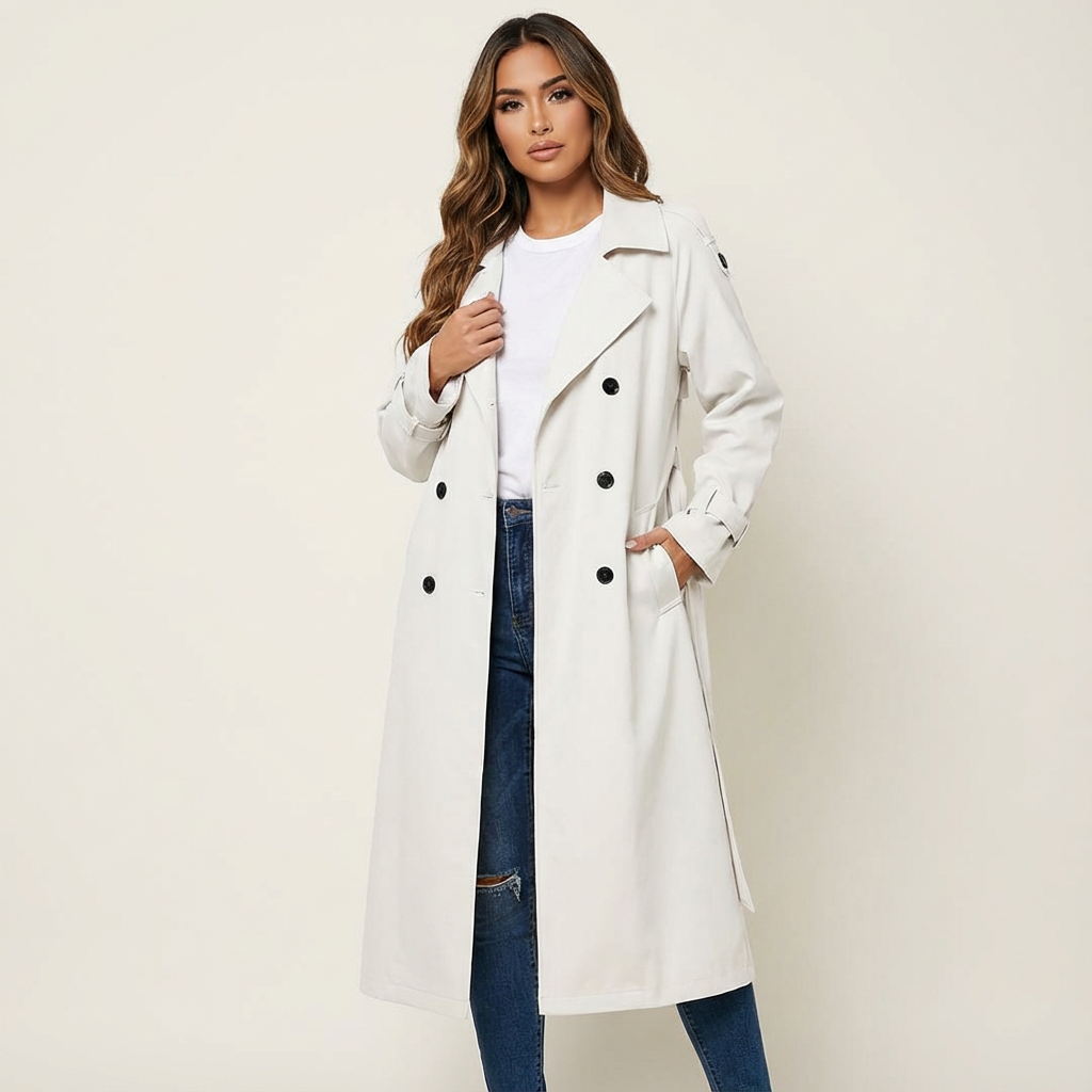 Lange trenchcoat wit vooraanzicht Sienna