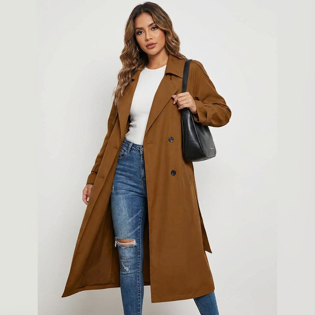 Lange trenchcoat bruin vooraanzicht Sienna