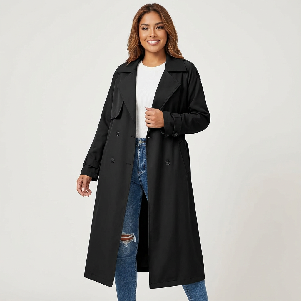 Lange trenchcoat zwart vooraanzicht Sienna