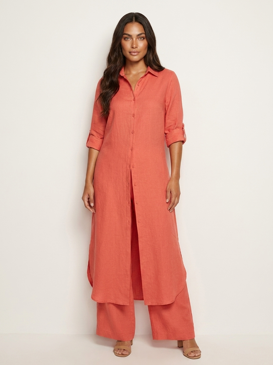 Linnen dames set met lange blouse en wijde broek