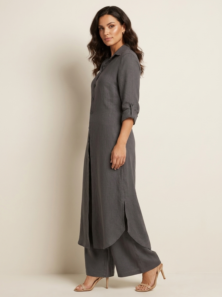 Linnen dames set met lange blouse en wijde broek