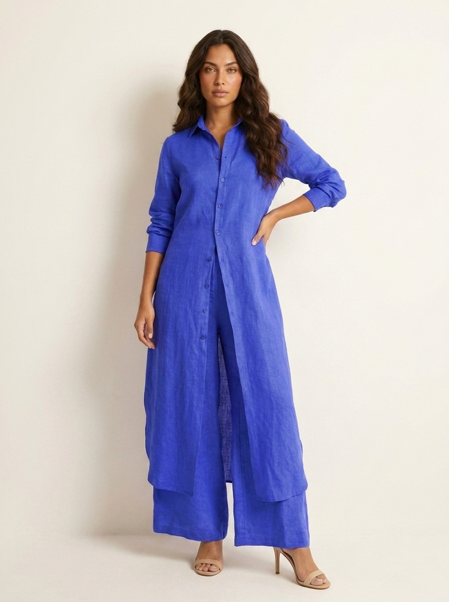 Linnen dames set met lange blouse en wijde broek