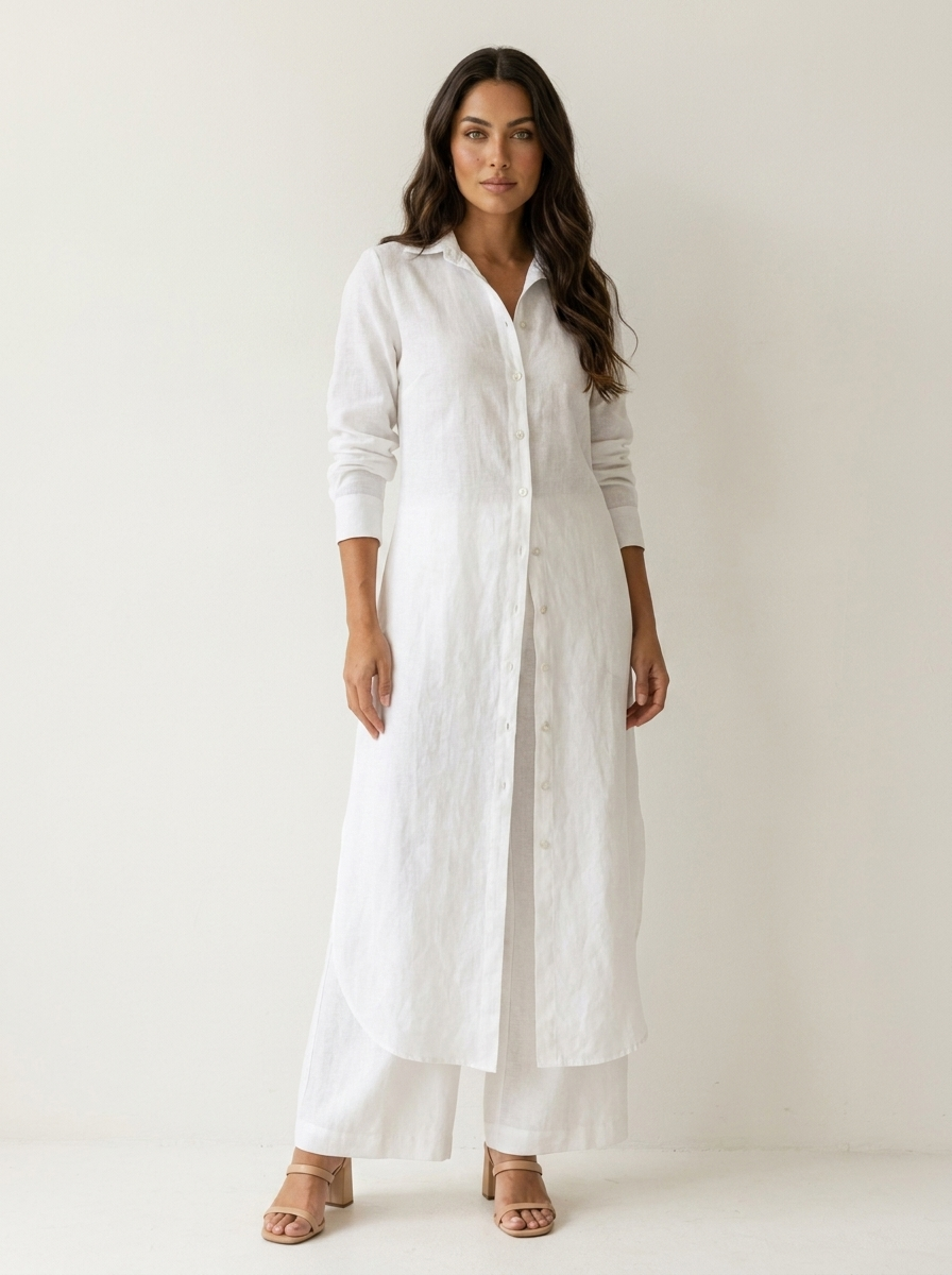 Linnen dames set met lange blouse en wijde broek