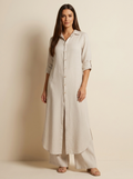 Linnen dames set met lange blouse en wijde broek