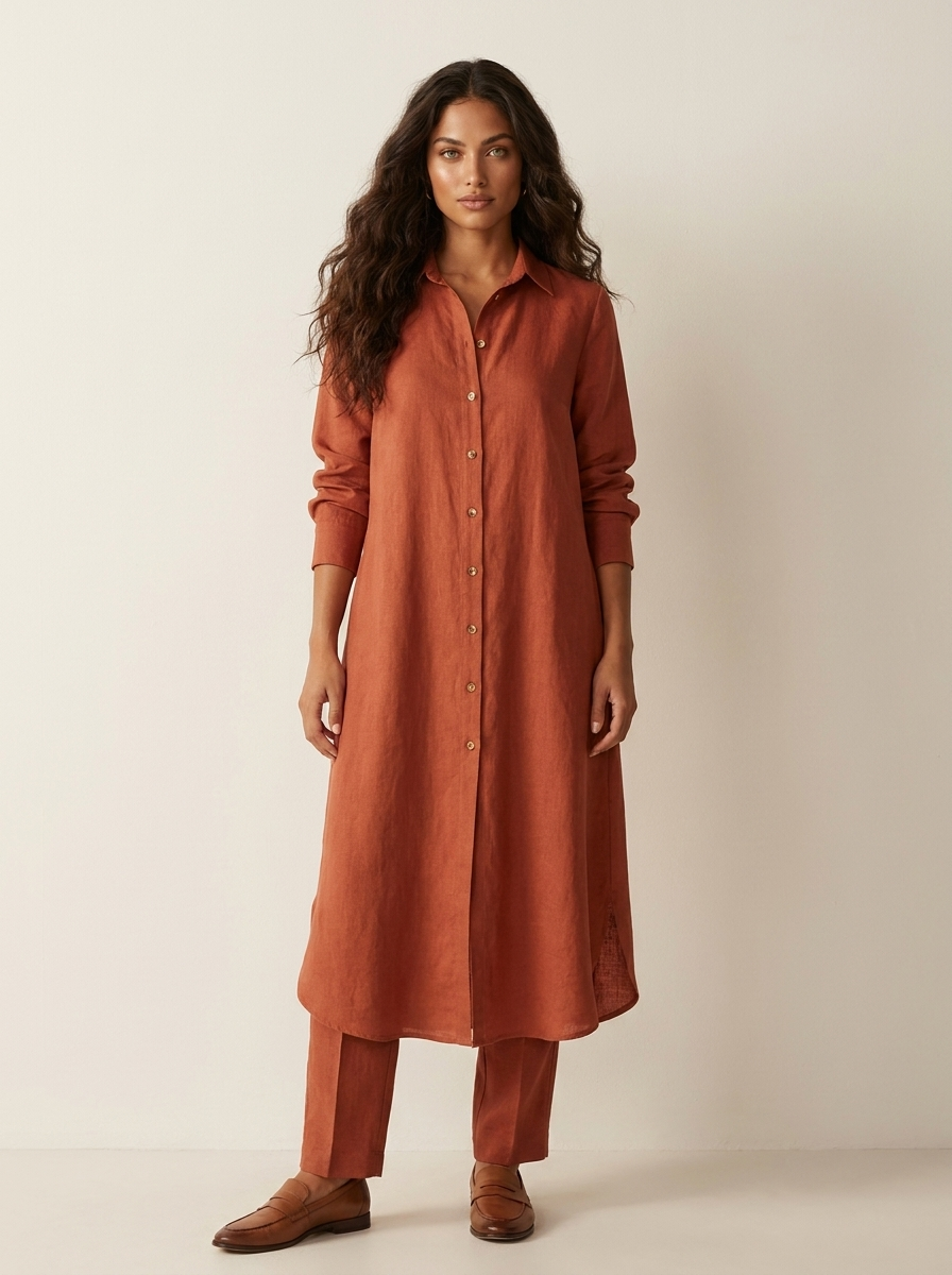 Linnen dames set met lange blouse en wijde broek