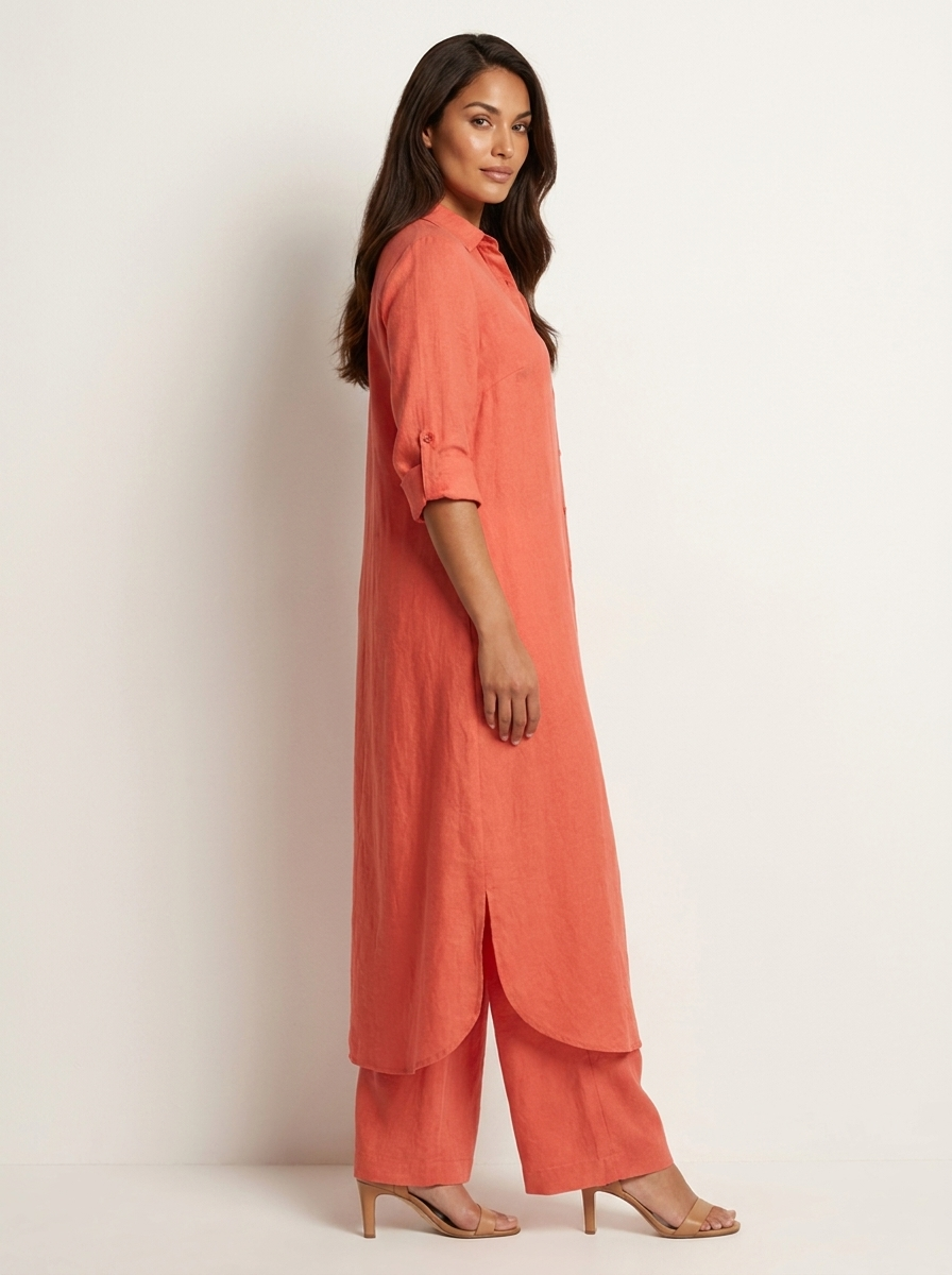 Linnen dames set met lange blouse en wijde broek