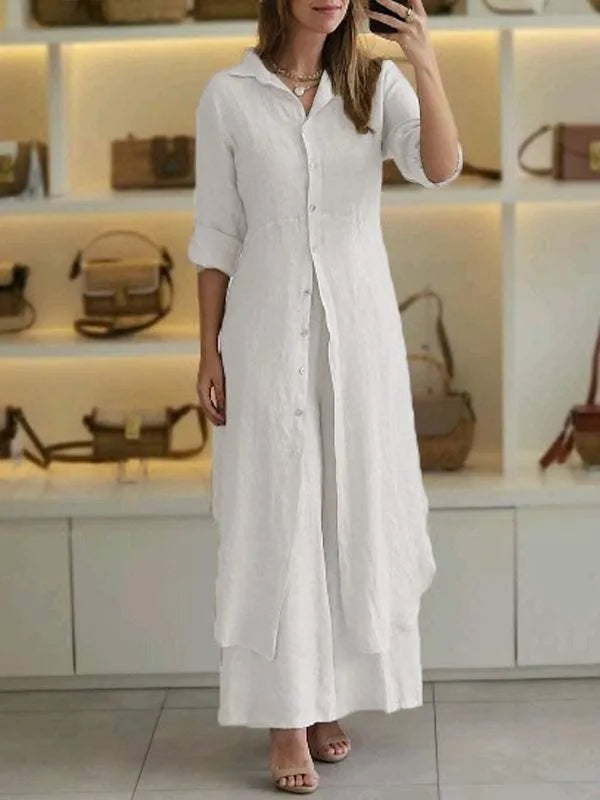 Linnen dames set met lange blouse en wijde broek