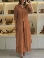 Linnen dames set met lange blouse en wijde broek