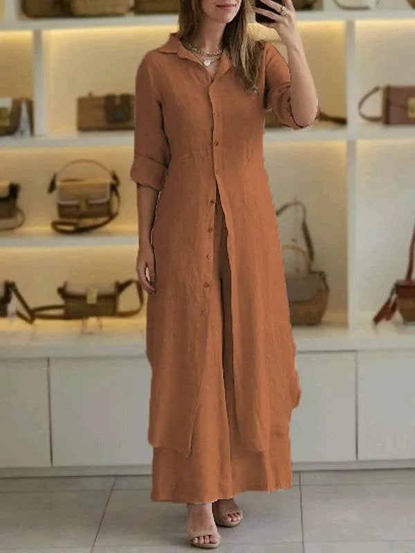 Linnen dames set met lange blouse en wijde broek