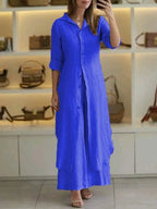 Linnen dames set met lange blouse en wijde broek