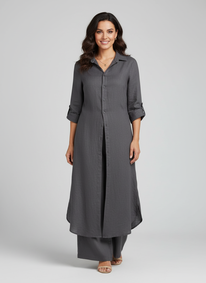 Linnen dames set met lange blouse en wijde broek