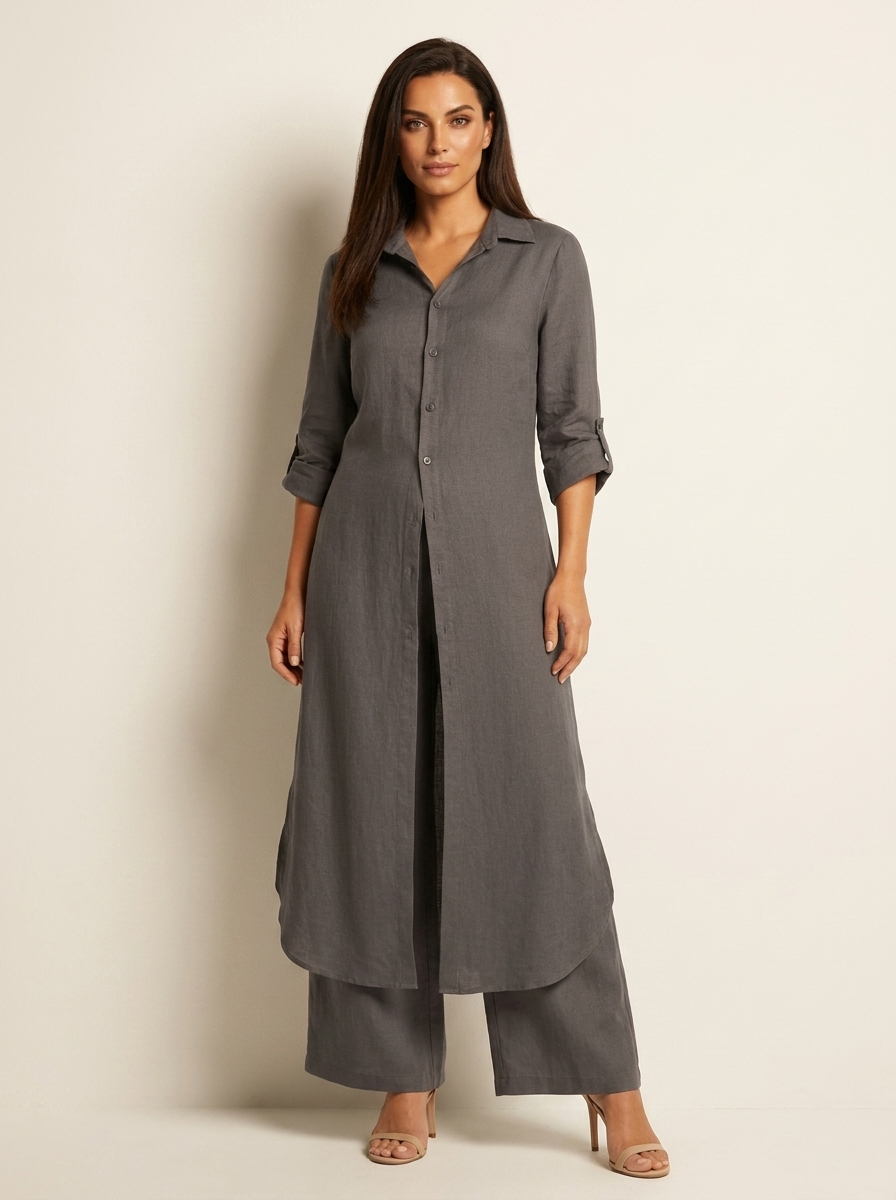 Linnen dames set met lange blouse en wijde broek