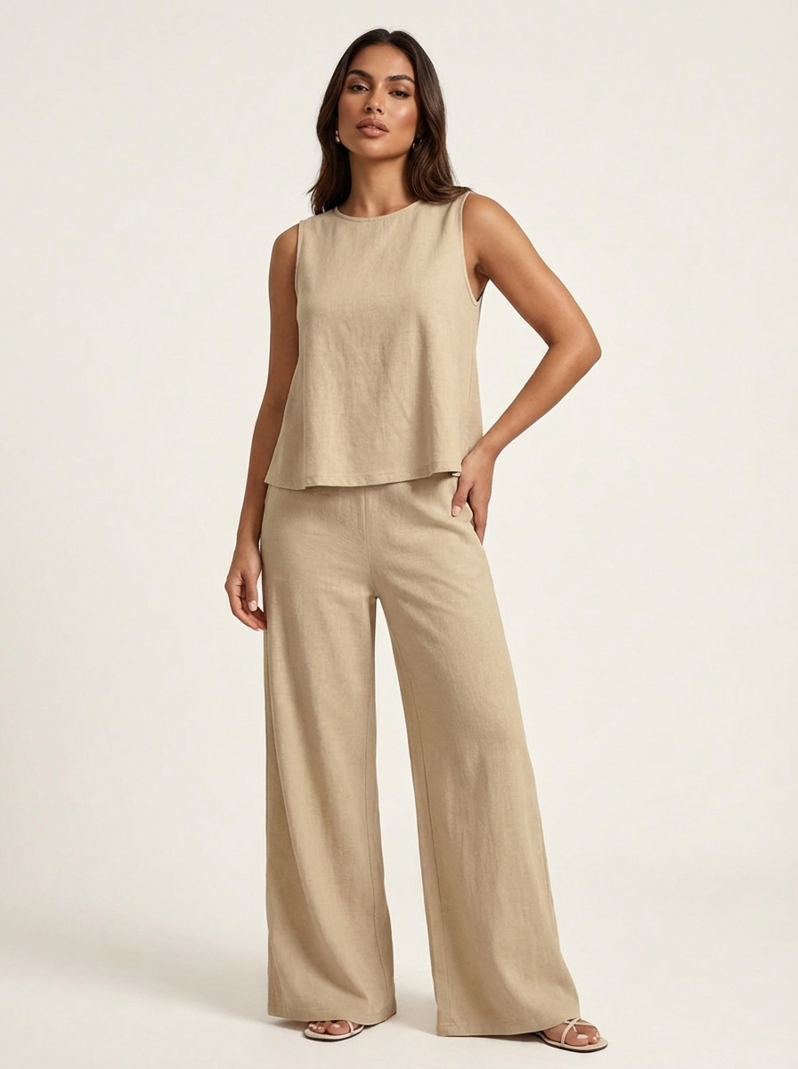 Linnenlook tweedelige set met wijde broek - Elsa