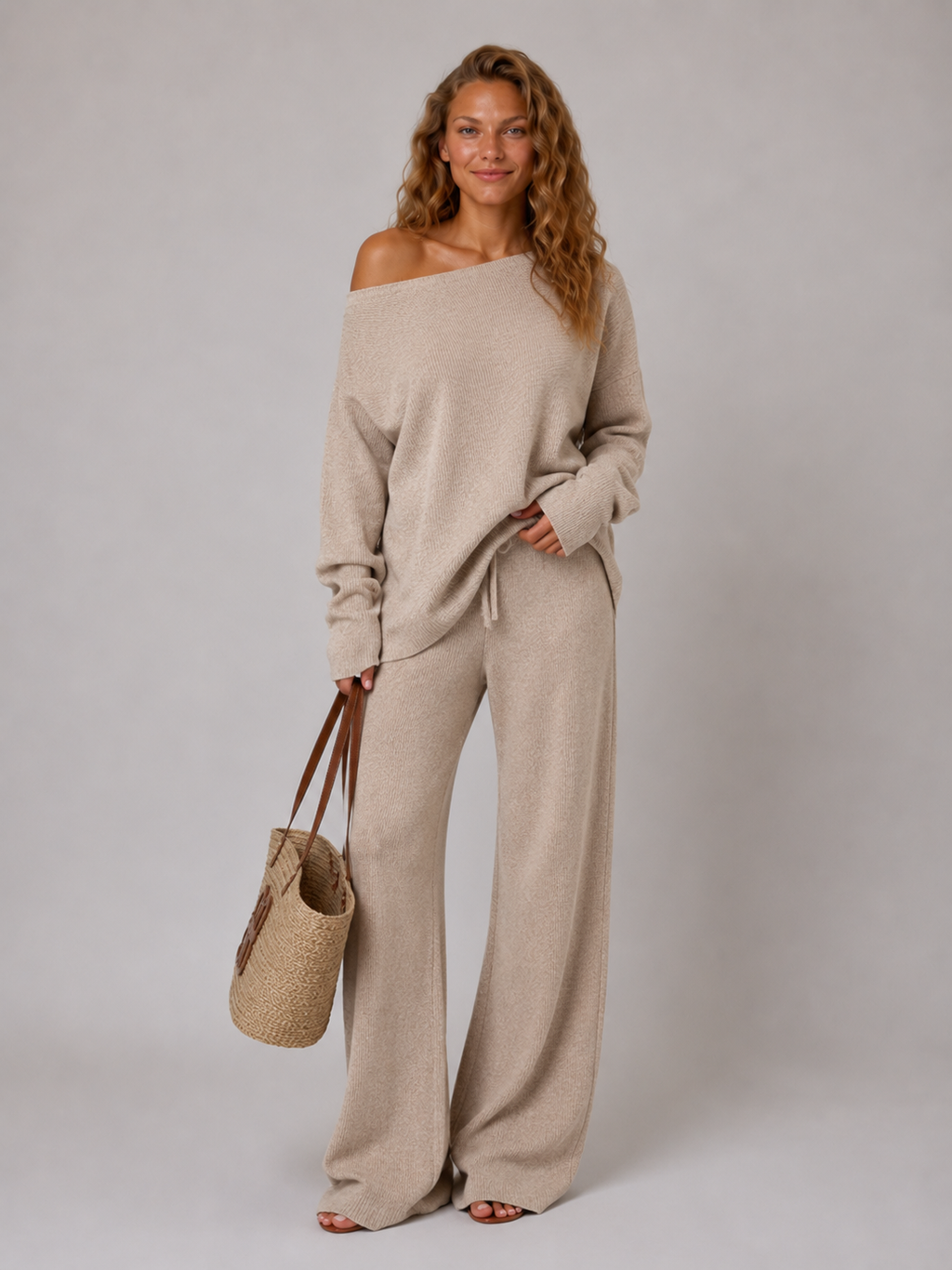 Loungewear set beige vooraanzicht tas Sophie