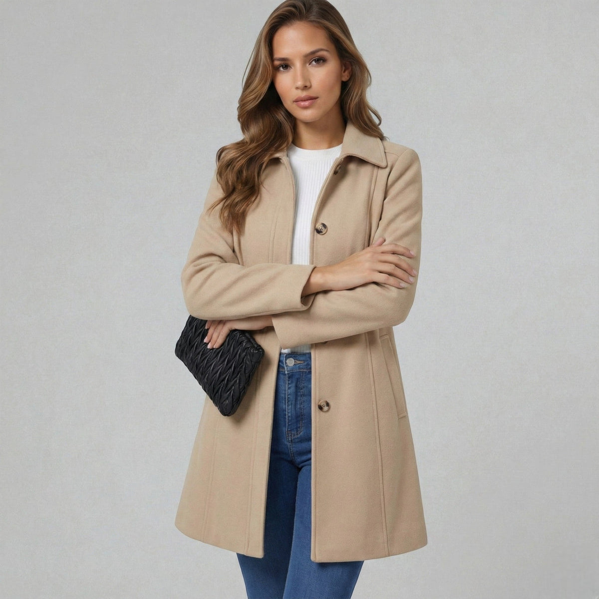 Manteljas beige vooraanzicht Noor