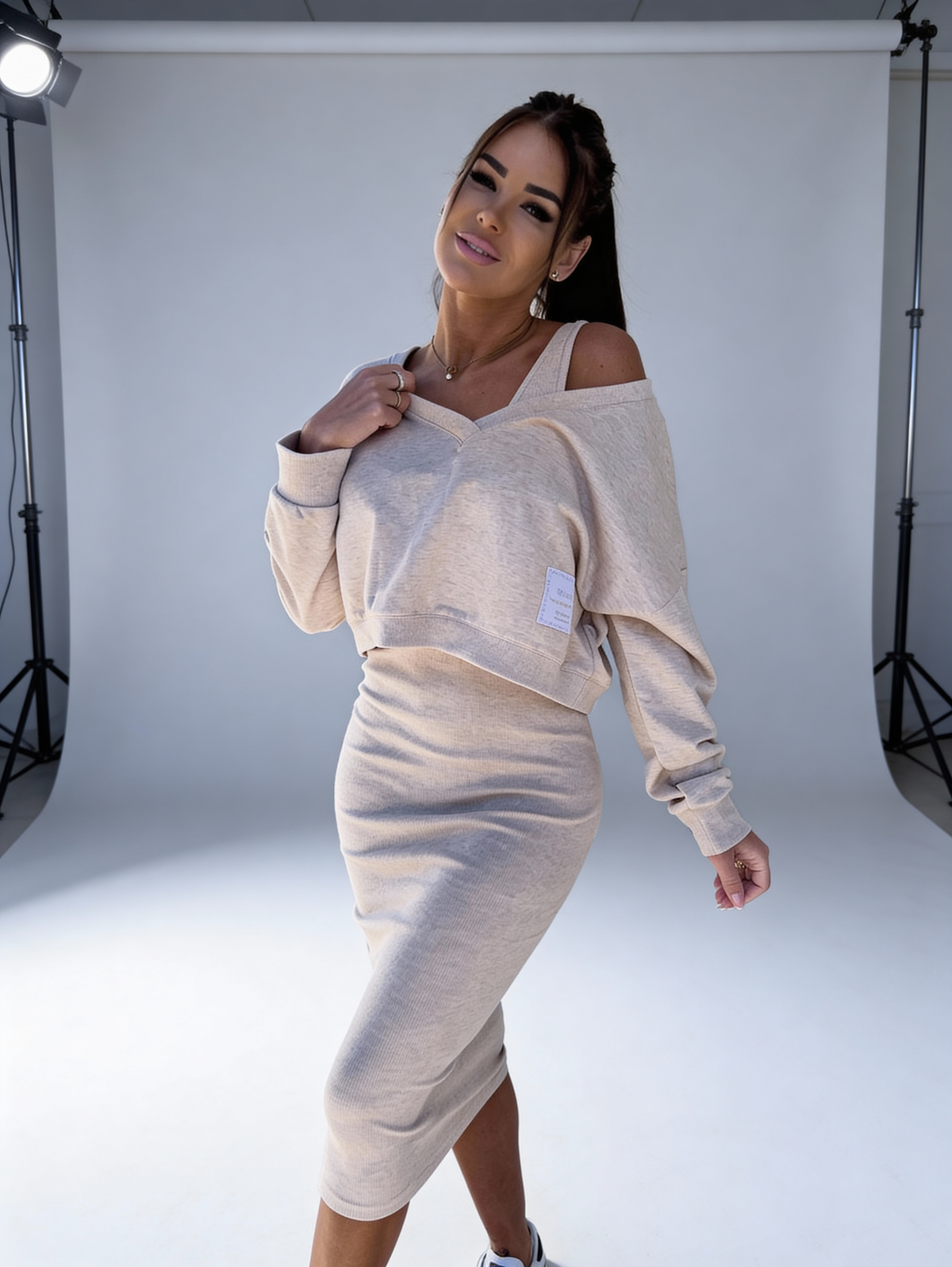 Midi set beige vooraanzicht Elin