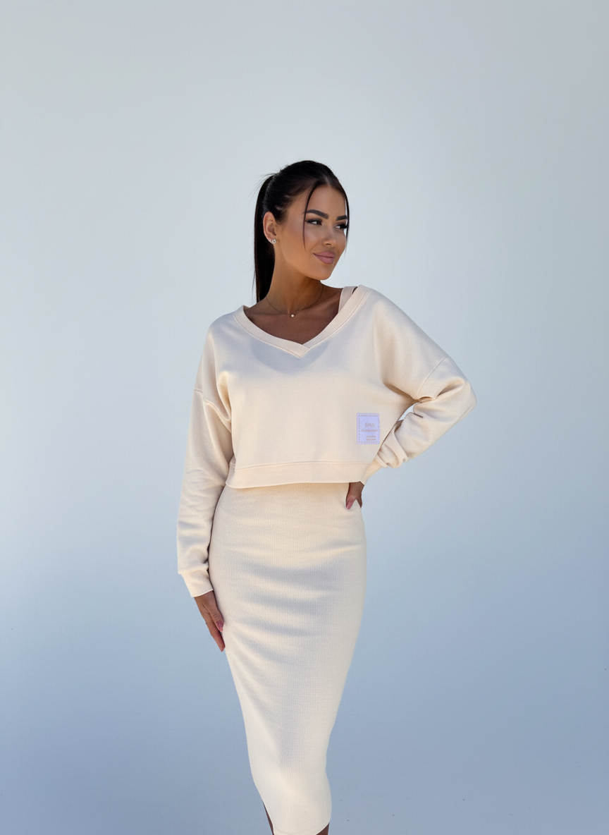 Midi set creme detail vooraanzicht Elin