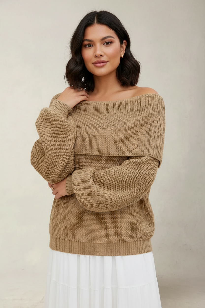 Off-shoulder trui khaki vooraanzicht Leona