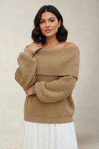 Off-shoulder trui khaki vooraanzicht Leona