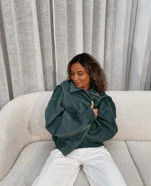 Oversized jas van imitatieleer groen vooraanzicht Robin