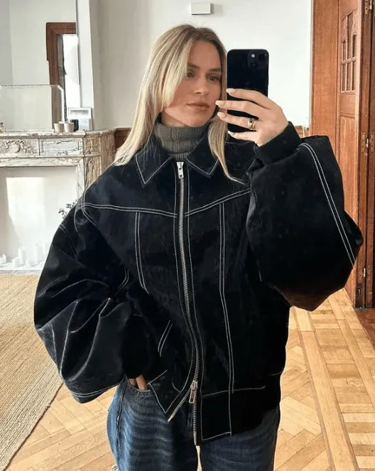 Oversized jas van imitatieleer zwart vooraanzicht Robin
