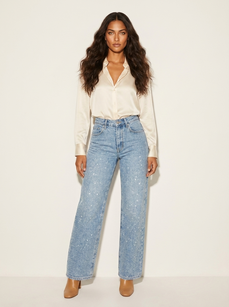 Rechte High Waist Jeans met Subtiele Glitterdetails – Elvira