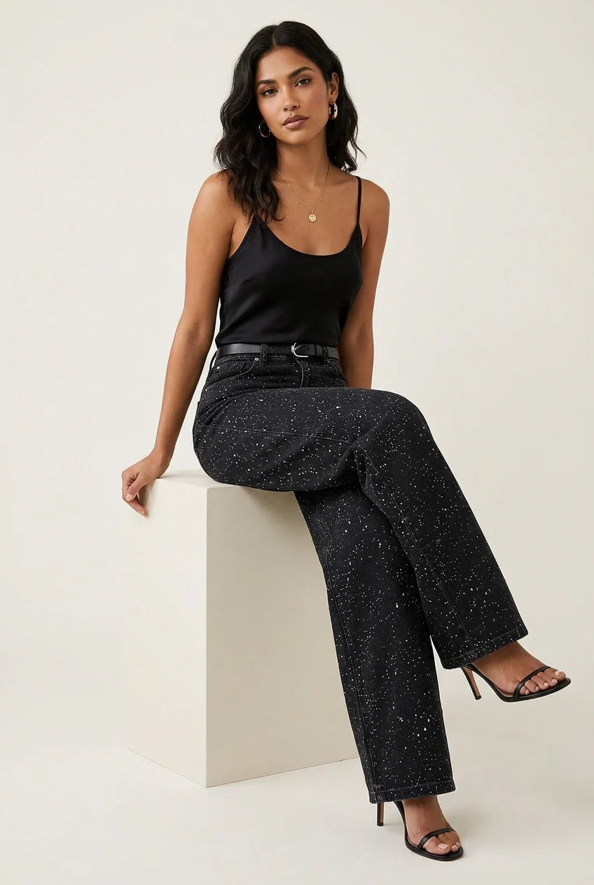 Rechte High Waist Jeans met Subtiele Glitterdetails – Elvira