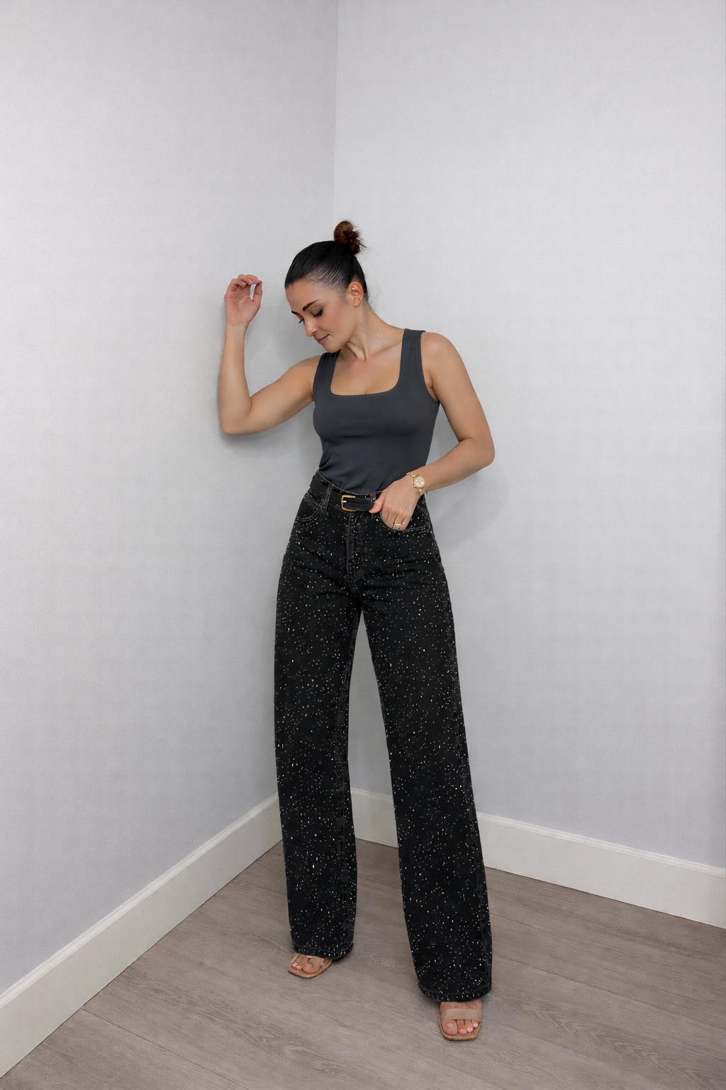 Rechte High Waist Jeans met Subtiele Glitterdetails – Elvira